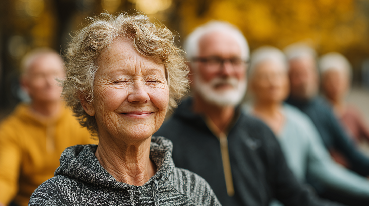 Щаслива жінка середнього віку після заняття йогою